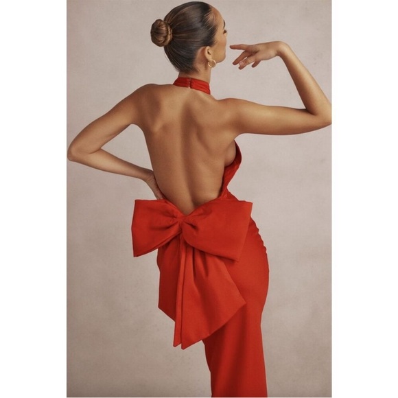 HOUSE OF CB NEW Ilaria Backless Bow Halter Dress in Red Size Small - Picture 2 of 12